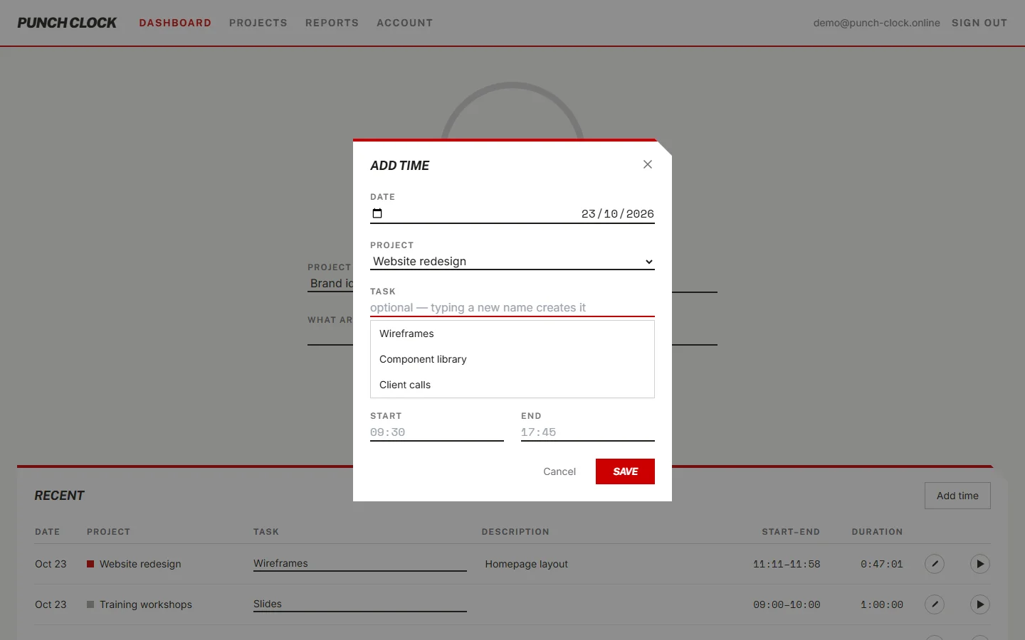 The task picker with a Create option for a new task.