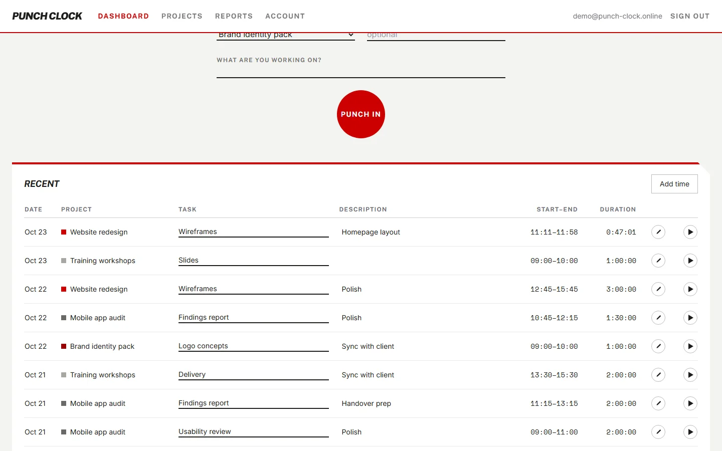 Dashboard with a day of time entries and the timer stopped.
