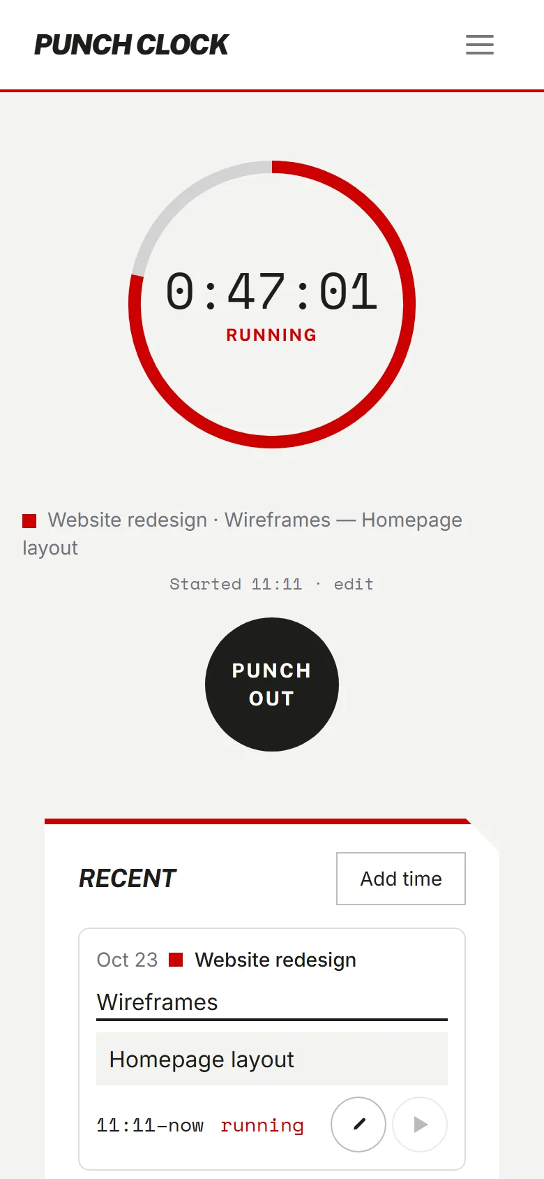 Dashboard with a running timer.