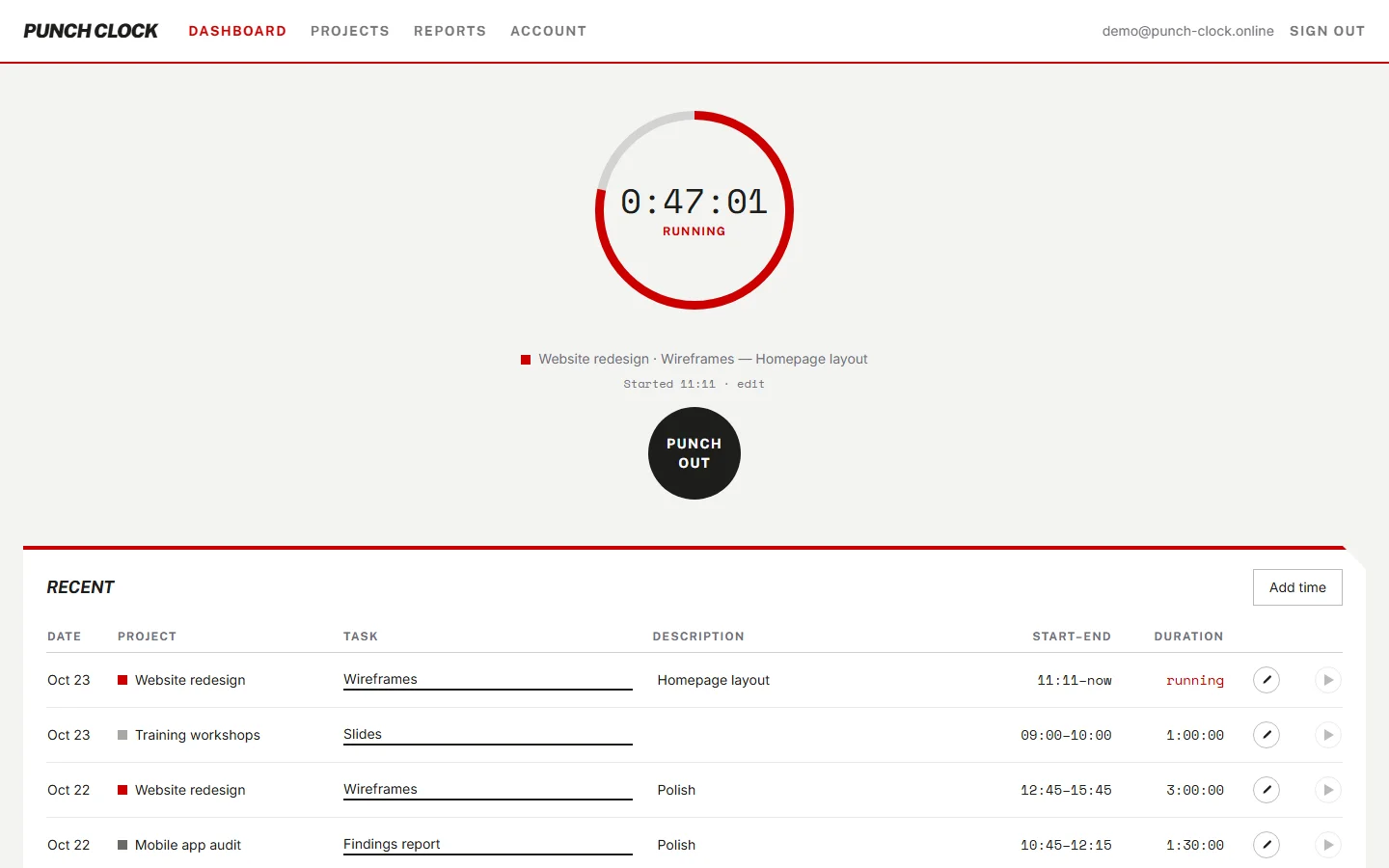 Dashboard with a running timer.