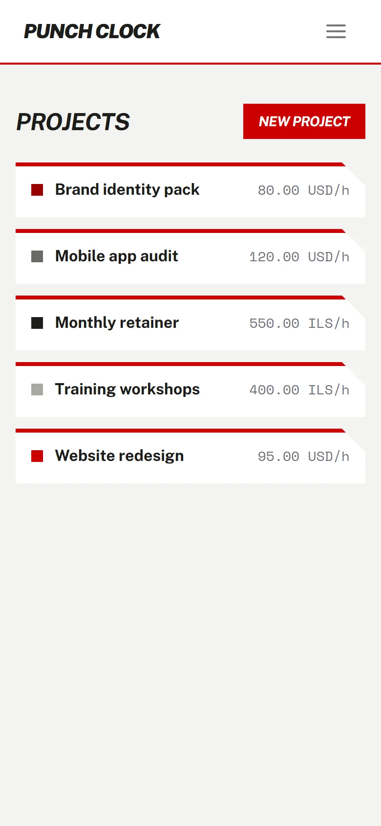 The projects page on a phone.